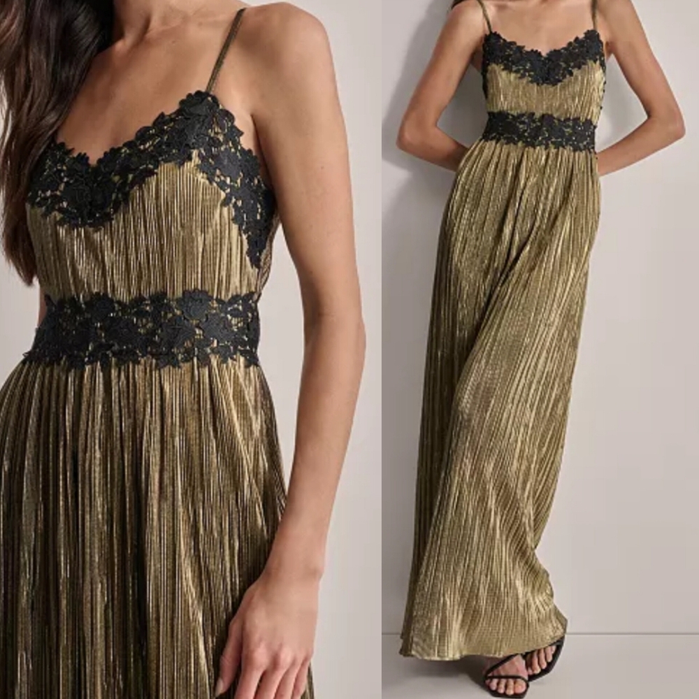 🔥DKNY Elegant Gold and Black Lace Maxi Dress